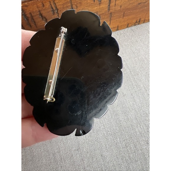 Bakelite Large Black Brooch Floral Carved Detailed Pierced Pin - Picture 8 of 13